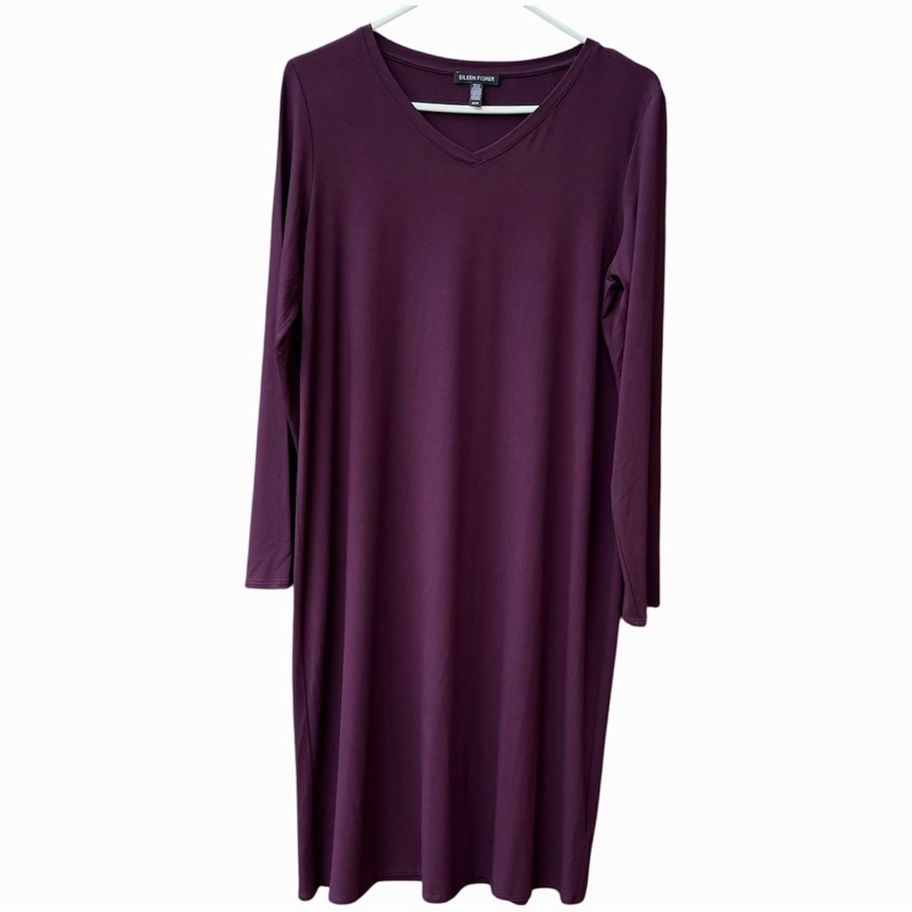 Eileen Fisher Stretch Tencel Jersey Knit V-Neck Dress NWOT In Purple Sz Small.